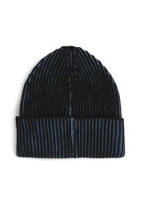 Berretto a righe nero e blu con texture a coste, caratterizzato da un risvolto piegato e una parte superiore arrotondata. Il materiale appare morbido e caldo.