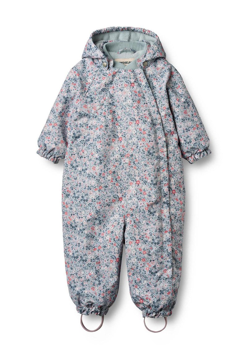 Podpinka w jasnoniebieskim kolorze w kwiatowy wzór, z kapturem, elastycznymi mankietami przy nadgarstkach i kostkach oraz pętelkami na stopach do bezpiecznego mocowania.