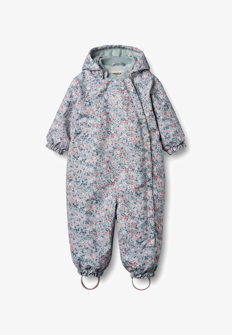 Podpinka w jasnoniebieskim kolorze w kwiatowy wzór, z kapturem, elastycznymi mankietami przy nadgarstkach i kostkach oraz pętelkami na stopach do bezpiecznego mocowania.