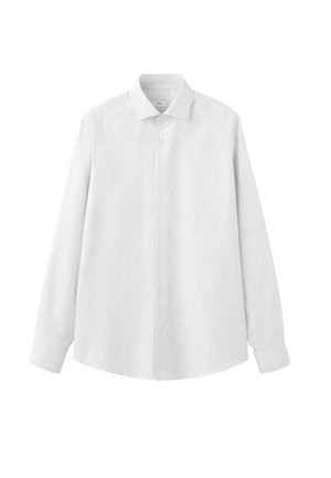 Chemise blanche à boutons avec des fines rayures verticales, col classique, manches longues et ourlet arrondi. Fabriquée en tissu léger avec une texture lisse.