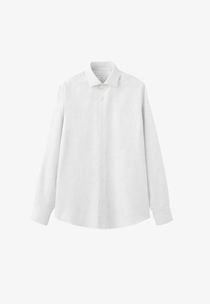 Weißes Hemd mit dünnen vertikalen Streifen, klassischem Kragen, langen Ärmeln und abgerundetem Saum. Hergestellt aus leichtem Stoff mit glatter Textur.