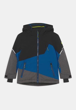 Veste d'hiver à capuche pour enfants en noir, bleu et gris, avec fermeture éclair complète à l'avant et poches zippées, conçue pour temps froid.