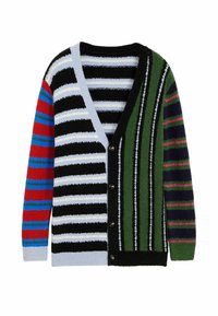 Färgglad stickad cardigan med varierande randmönster i röd, blå, svart, grön och lila. Har en V-ringning och knäppning med knappar.