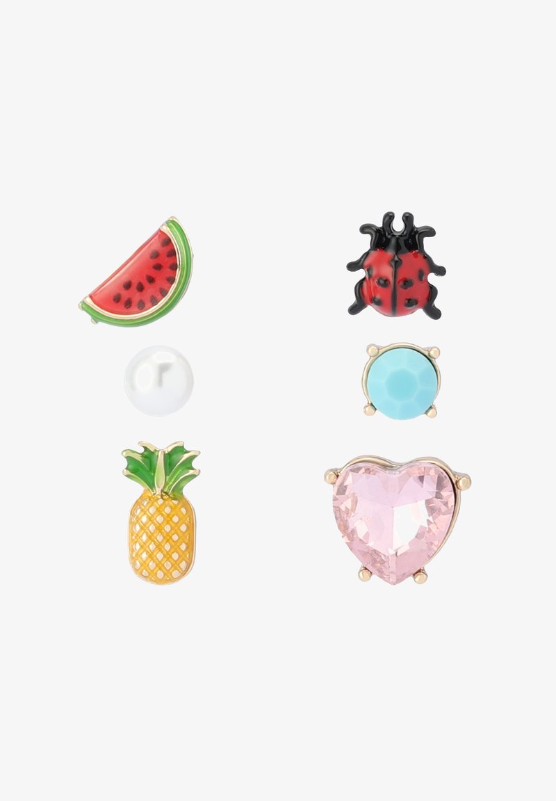 Set of six enamel pins: watermelon slice, ladybug, pearl, turquoise gem, pineapple, and pink heart-shaped gemstone, all with vibrant colors.
