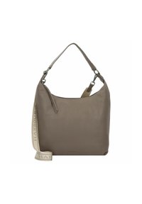 Sac en cuir taupe avec une petite poignée supérieure et une bandoulière crème amovible, arborant le texte "Harbour 2nd".