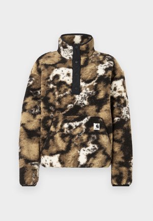 Fleece pullover in brown, black, and cream with a quarter zip, four black button placket, front pocket, and logo patch on the lower left.