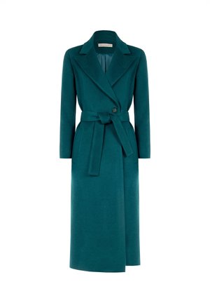 Cappotto lungo teal realizzato in tessuto testurizzato, con design avvolgente, maniche lunghe, due tasche laterali e una cintura coordinata in vita.