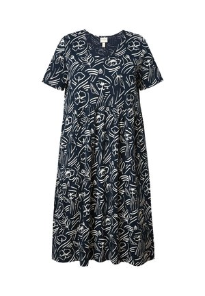 Marineblaues Kurzarmkleid mit lockerer Passform, verziert mit weißen Blumen- und Linienmustern, runden Ausschnitt und gerafftem Taillenbereich für eine entspannte Silhouette.