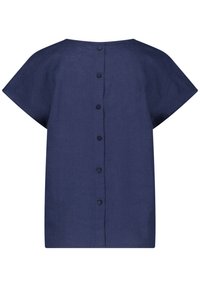 Haut en lin bleu marine à manches courtes, col rond et dos avec boutons. Design simple, tissu texturé avec une finition lisse.