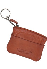 Brun lædermøntpung med lynlåslukning og nøglering, der har en tekstureret overflade og præget "VENEZIA" logo på forsiden.