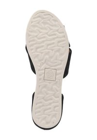 Zwarte sandalen zool met gestructureerd wit rubber, voorzien van een golvend patroon en een vierkant logo met de tekst "Apple Cider", maat aangegeven als 37.