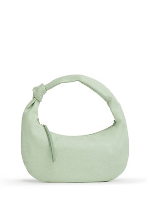 Borsa a tracolla in tessuto verde chiaro con dettaglio nodo sul manico e chiusura con cerniera con tiretto abbinato.