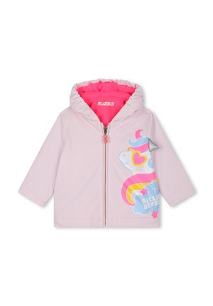 Veste pour enfant rose clair avec capuche, ornée d'un graphique vibrant de licorne, de cœurs et d'un motif arc-en-ciel. Doublure en polaire et fermeture éclair.