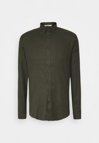 Camicia a maniche lunghe di colore verde scuro con bottoni, realizzata in tessuto strutturato, dotata di colletto classico e bottoni coordinati. Design pulito e sartoriale.