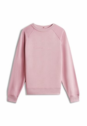 Jasnoróżowy sweatshirt z okrągłym dekoltem i długimi rękawami, z wytłoczonym logo "Tommy Hilfiger" umieszczonym centralnie na klatce piersiowej.