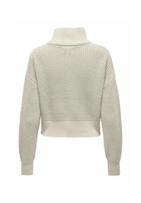 Gekürzter, hellgrauer Pullover mit strukturiertem Strickmuster, hohem Kragen und gerippten Bündchen. Verfügt über überschnittene Schultern und eine lockere Passform.
