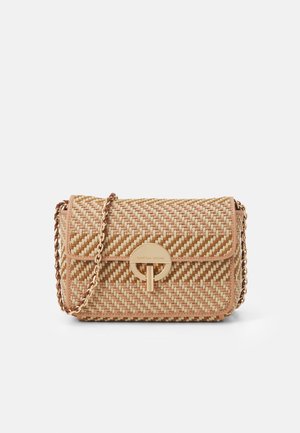 Rectangular woven straw crossbody bag with beige and brown pattern, gold circular clasp, and chain strap on a white background.