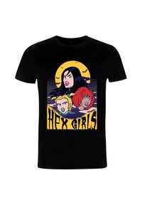 Czarna koszulka z kolorową grafiką trzech animowanych postaci żeńskich, na tle żółtego księżyca i nietoperzy. Poniżej napis "Hex Girls".