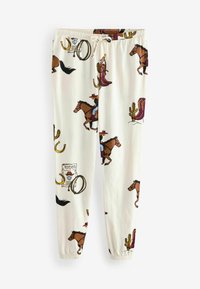 Pantaloni de trening albi cu un model colorat de cowboy și cal, cu accente de cactuși și lațuri, și un talie reglabilă cu șnur.