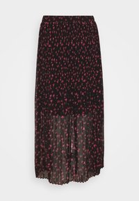 Falda de gasa negra con un patrón floral en tonos de rosa, que presenta un diseño plisado y una silueta fluida. Cintura elástica.