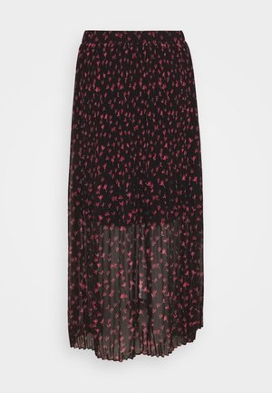 Jupe en chiffon noir avec un motif floral dans des tons de rose, présentant un design plissé et une silhouette fluide. Taille élastique.