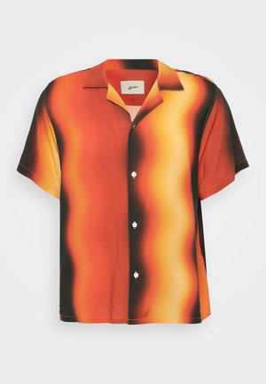 Short-sleeve button-up shirt in vibrant orange and black with a wavy pattern. Made of smooth fabric, featuring white buttons and a collar.
