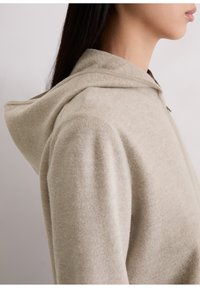 Beige hoodie van een zacht, gestructureerde stof. Heeft een klassiek ontwerp met zichtbare naaddetails en een ontspannen pasvorm.