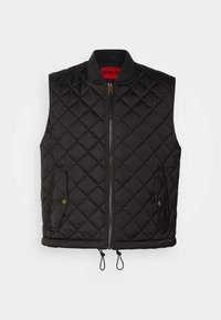 Black quilted vest with a high collar, front zipper, two slip pockets, and drawstring hem. Features gold hardware and red branding inside.