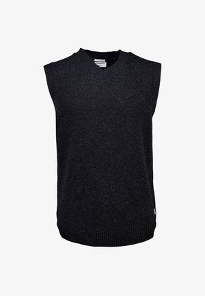Mouwloze donkergrijze gebreide trui met een V-hals ontwerp, geribbelde afwerking aan de onderkant en een zachte textuur. Geen extra versieringen.