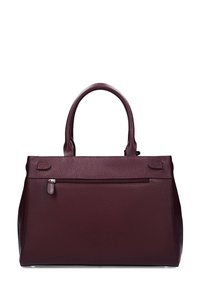Sac à main en cuir texturé bordeaux foncé avec deux poignées et une poche avant zippée, forme rectangulaire, sur fond blanc.