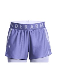 Pantaloni sportivi viola con cintura grigia "Under Armour", pannelli laterali in rete, design a strati e texture morbida.