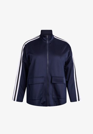 Marineblauwe zip-up jack van gladde stof, met twee voorzakken en witte gestreepte accenten op de mouwen.