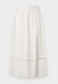 Λευκή φούστα μέσης μήκους με ελαστική μέση και οριζόντια λεπτομέρεια δαντέλας κοντά στο τελείωμα, παρουσιάζεται σε απλό φόντο.