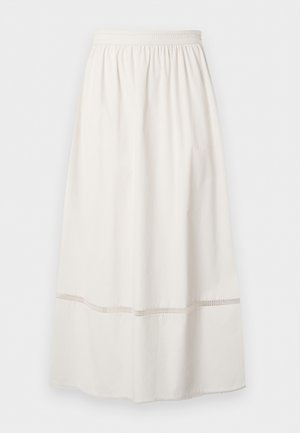 Jupe blanche mi-longue avec taille élastique et un détail de dentelle horizontale près de l'ourlet, présentée sur un fond uni.