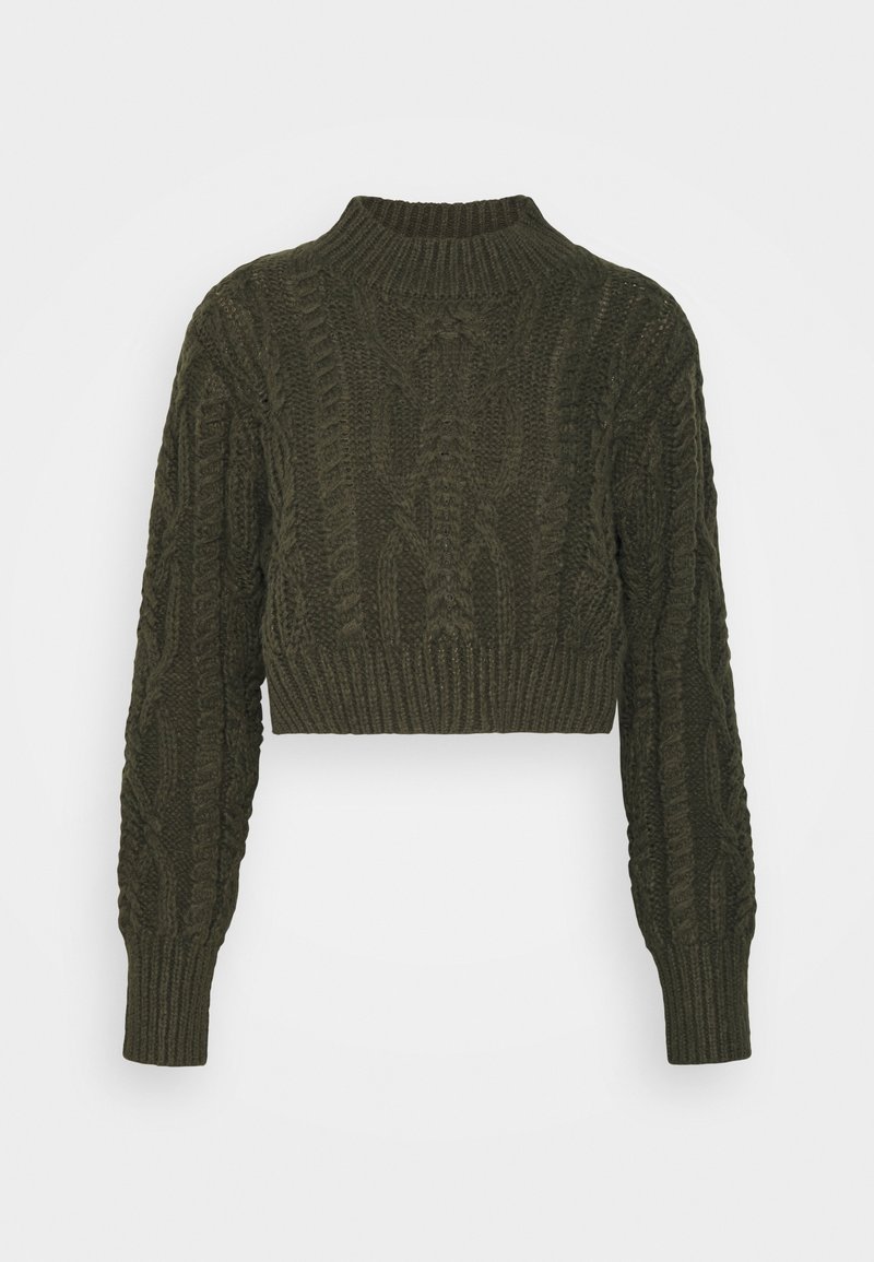 Pull court vert foncé en maille torsadée avec manches longues et col, poignets et ourlet côtelés.