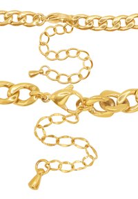 Collier en chaîne dorée présentant de grands maillons entrelacés et une finition texturée. Comprend un fermoir en forme de homard et une courte chaîne d'extension avec une cloche.