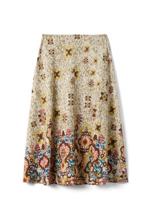 Cream A-line skirt with intricate floral and geometric patterns in yellow, brown, blue, orange, and red, denser near the hem.