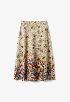 Roomwit A-lijnrok met verfijnde bloemen- en geometrische patronen in geel, bruin, blauw, oranje en rood, dichter bij de zoom.