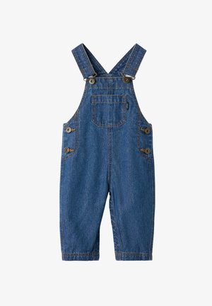 Denim overall with adjustable straps, large front pocket, and side buttons. Dark blue color with visible stitching and a relaxed fit.