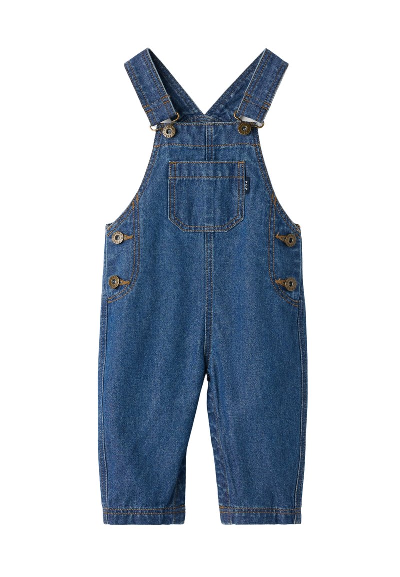 Denim overal met verstelbare banden, grote voorzak en zijknopen. Donkerblauwe kleur met zichtbare stiksels en een losse pasvorm.