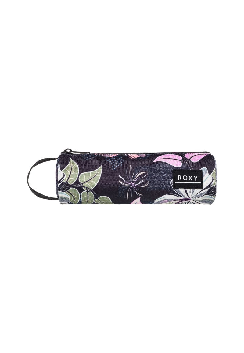 Estuche de lápices floral con un fondo oscuro, hojas y flores coloridas, cierre de cremallera y un asa en bucle para un fácil transporte.