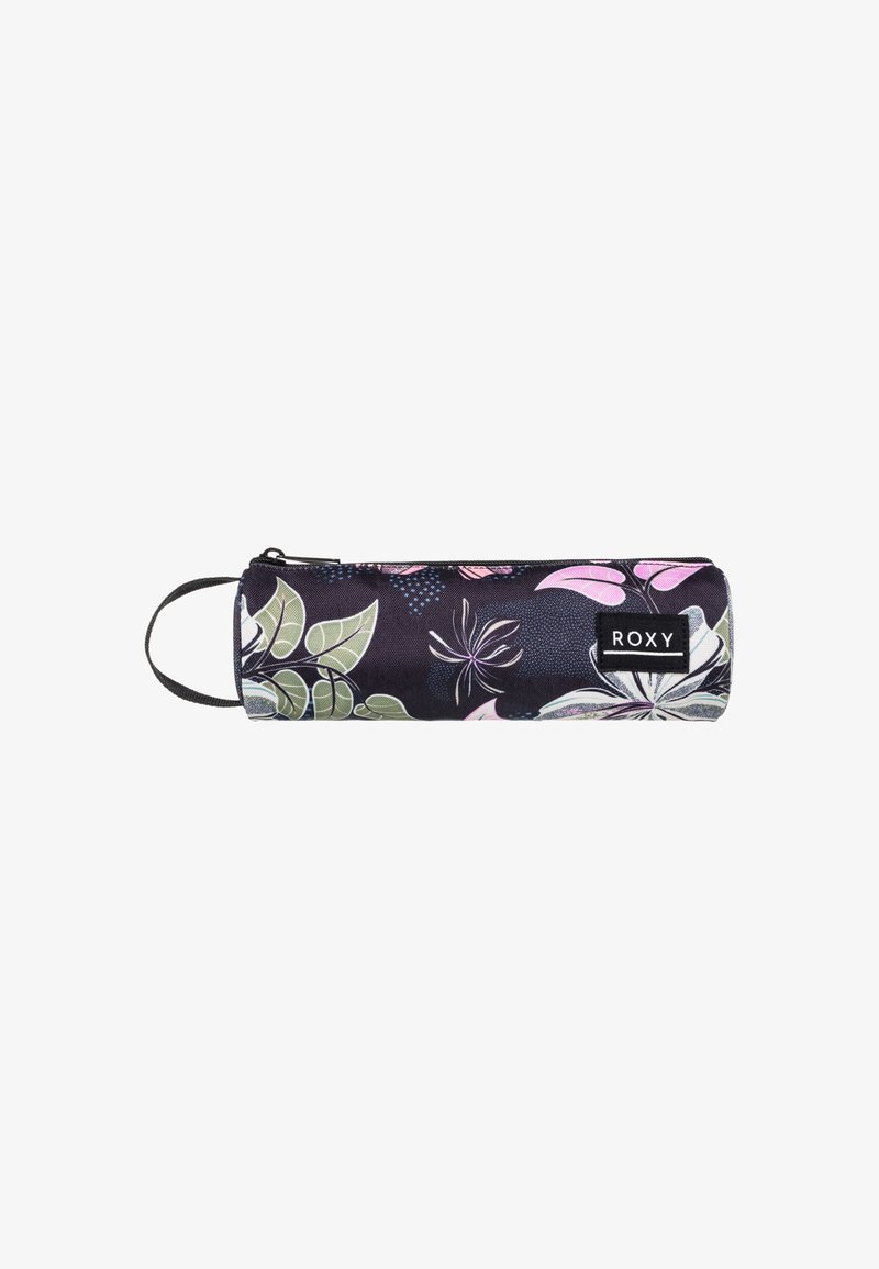Estuche de lápices floral con un fondo oscuro, hojas y flores coloridas, cierre de cremallera y un asa en bucle para un fácil transporte.