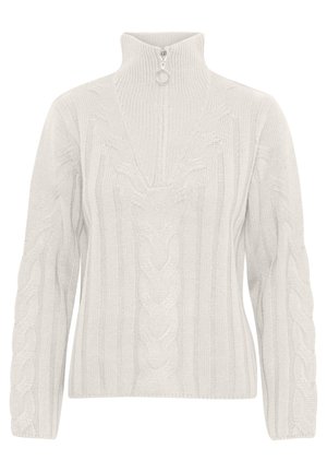 White knitted sweater with a high collar, half-zip closure, ribbed texture, and cable knit patterns on sleeves and body.