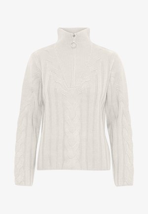 Biały sweter z dzianiny z wysokim kołnierzem, zapięciem na pół-zamek, prążkowaną fakturą oraz wzorami w warkocze na rękawach i korpusie.