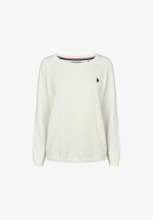 Biały sweter z długim rękawem, wykonany z miękkiego materiału, z okrągłym dekoltem i haftowanym logo na lewej piersi, z ribbowanymi mankietami i dolnym brzegiem.