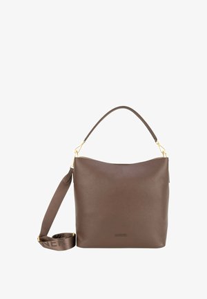 Hnědá kabelka z texturované kůže s horním uchycením a odnímatelným nastavitelným ramenním popruhem, s nenápadným logem značky poblíž spodní části.