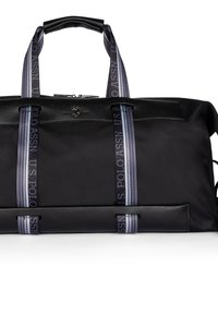 Czarna torba podróżna z mieszanki skóry i tkaniny, z podwójnymi uchwytami, niebieskimi i szarymi paskami oraz akcentem logo z przodu.
