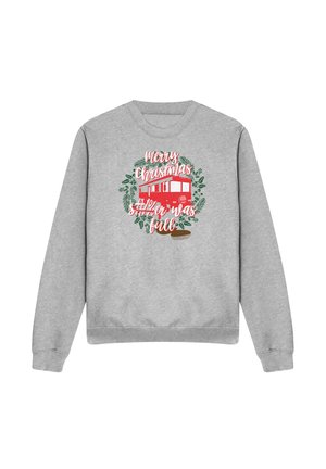 Grauer Sweatshirt mit rotem Doppeldeckerbus, umgeben von grünen Ilexblättern und Text "Frohe Weihnachten, das 35. Jahr war voll."