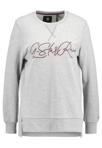 Ljusgrå sweatshirt med rund halsringning, ribbade ärmar, sidoklyftor och bordeauxfärgad sydd logotyp över framsidan. Mjuk bomullsblandning.