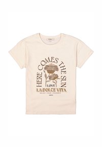 Camiseta de manga corta color crema con gráfico floral y texto: "Aquí viene el sol," "Amor," "La Dolce Vita," y "Disfruta tu viaje."